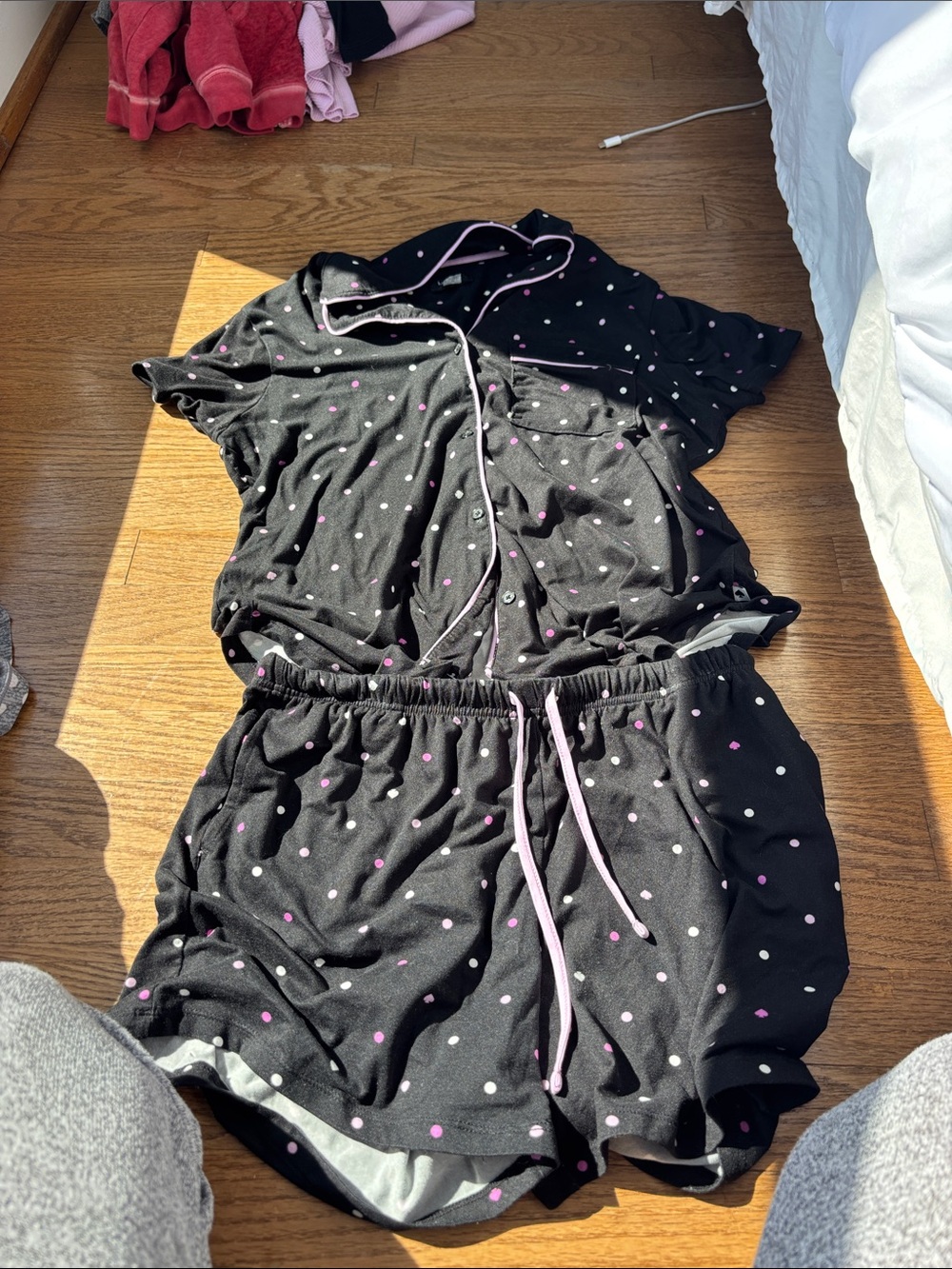Kate Spade Black Polka Dot Short Pajama Set with Pink Trim